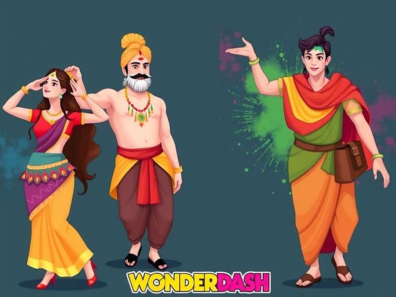 Holi Wonder Dash - Regional Characters Holi Wonder Dash regional characters including a Gujarati Garba dancer, a Maharashtrian man in dhoti, and an Assamese girl in mekhela sador