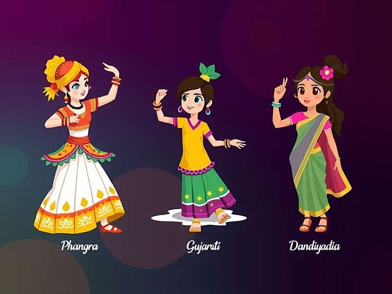 Holi Wonder Dash - Playable Characters Holi Wonder Dash playable characters including a Punjabi bhangra dancer, a Gujarati dandiya player, and a South Indian girl in traditional attire